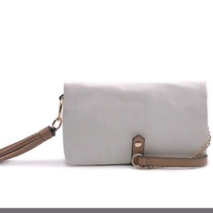 White/Tan/Gold Clutch Crossbody Bag